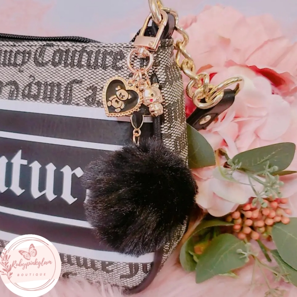 💖 Teddy, Heart, and Pom Pom Keychain (Black) 💖
